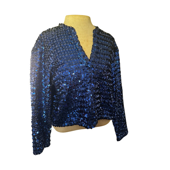 Blue Sequin Vintage Cardigan Style Blouse Size Medium - Picture 2 of 8